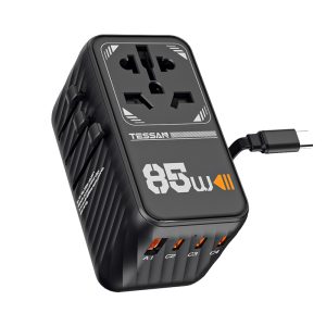 Tessan 85W Travel Adapter with Built in Retractable Cable – Black